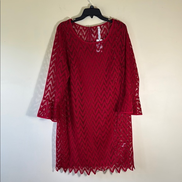 NY Collection Dress Red Lace Midi Scalloped Hemline Bell Sleeve Sz 1X NWT - Picture 2 of 10